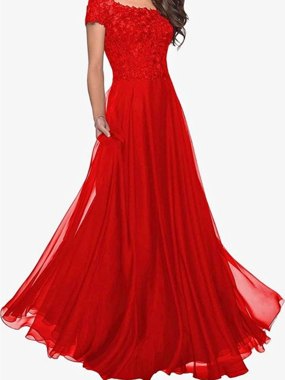 Red Lace Bodice Off-Shoulder Evening Gown